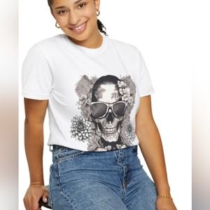 Unisex Graphic "Bones & Dahlias" T-shirt, L - XL, White and Black, NWT